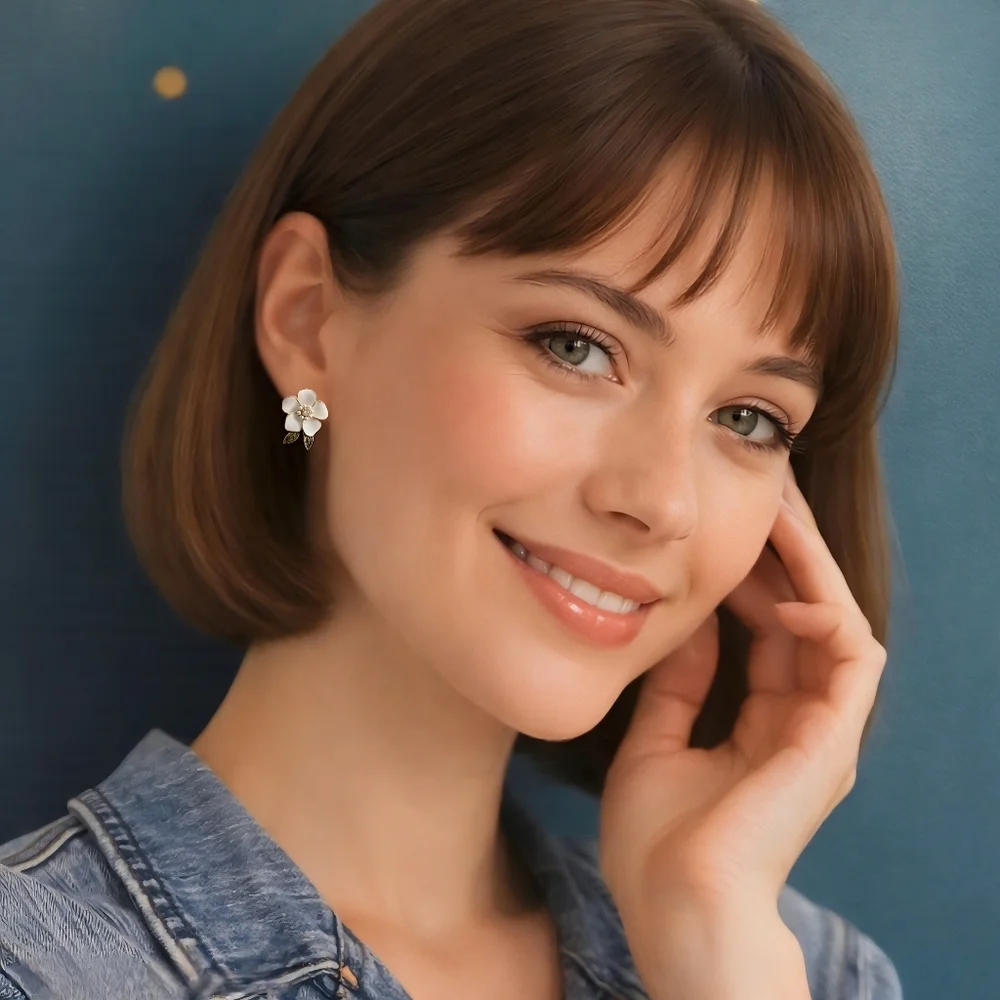 White Enamel Flower Stud Earrings Gold Faux Pearl Rhinestone Green Leaf Bridal